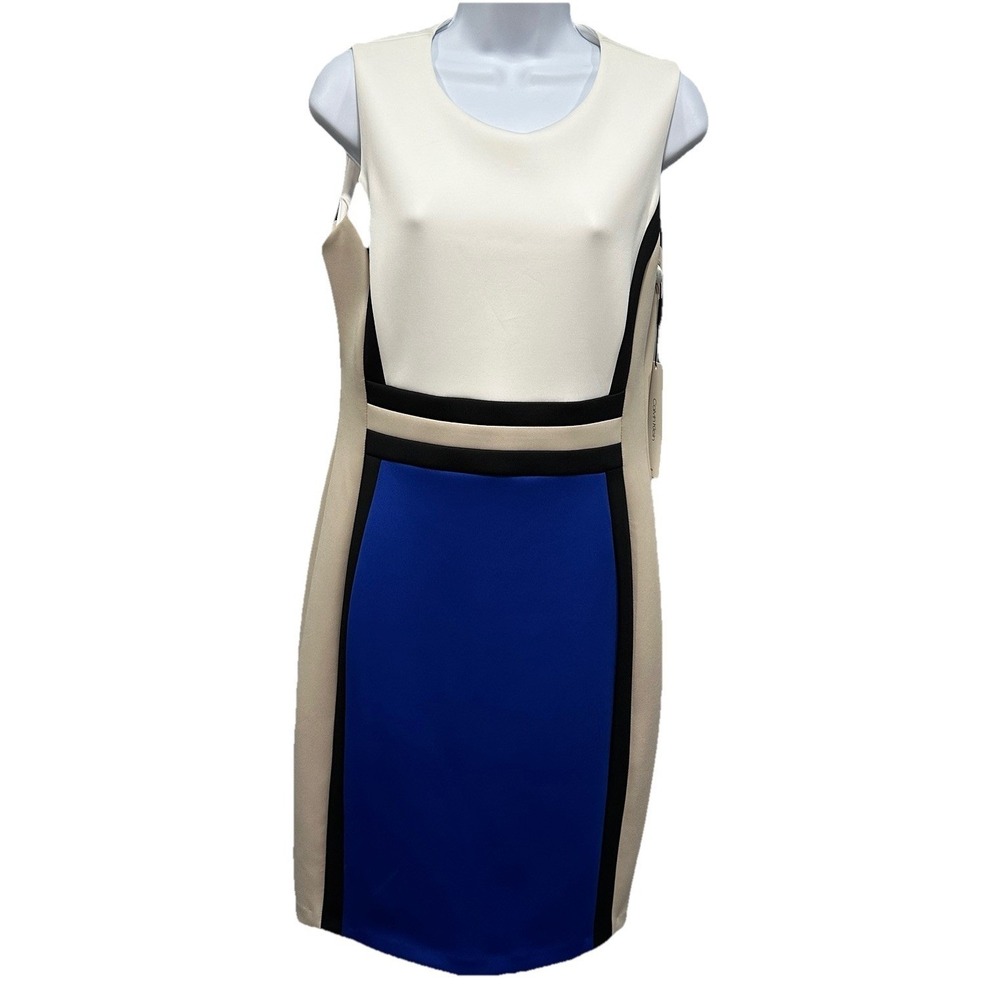 Calvin Klein Midi Sheath Dress Women's 10 White Blue Sleeveless Stretch Zip NWT